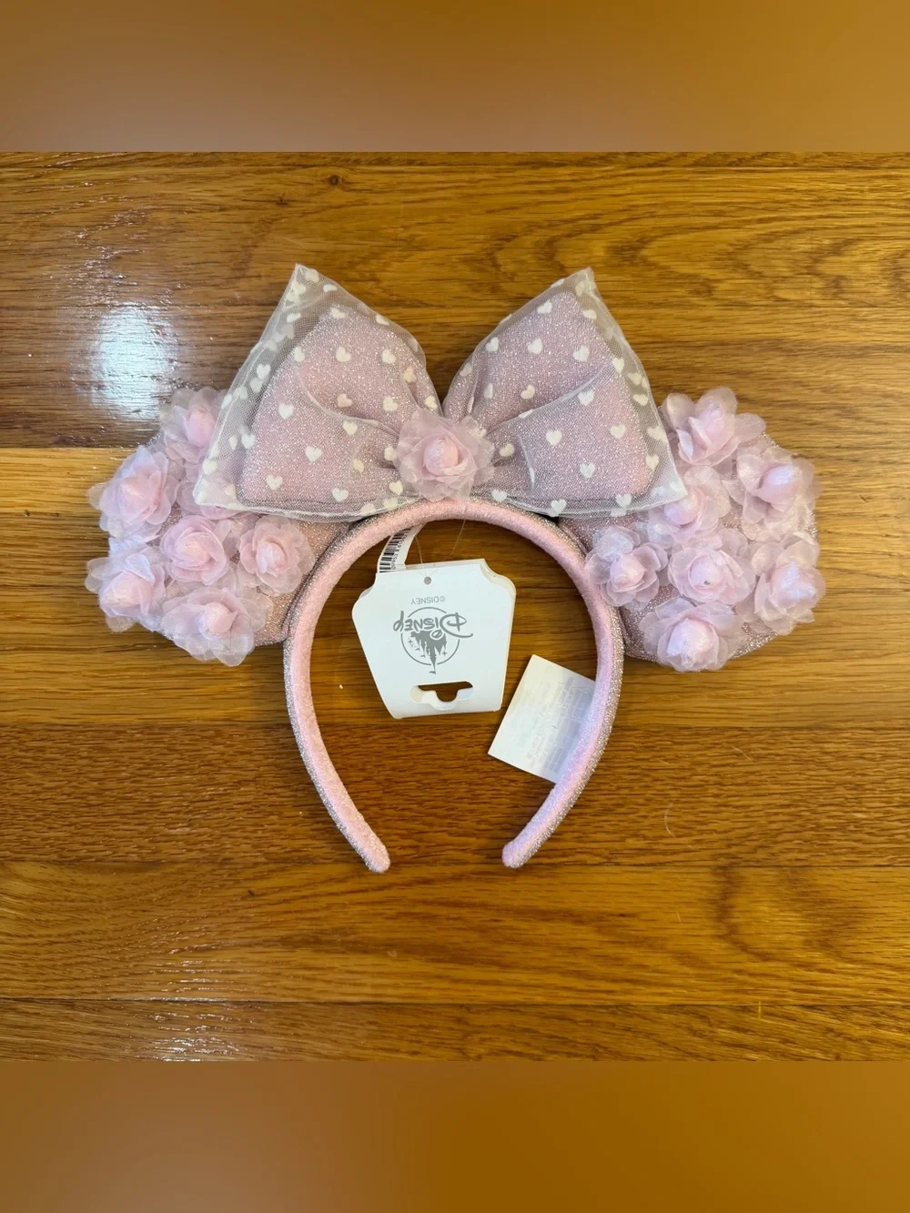 Disney Parks Valentine Pink Rosebud White Hearts Minnie Ears Headband NWT